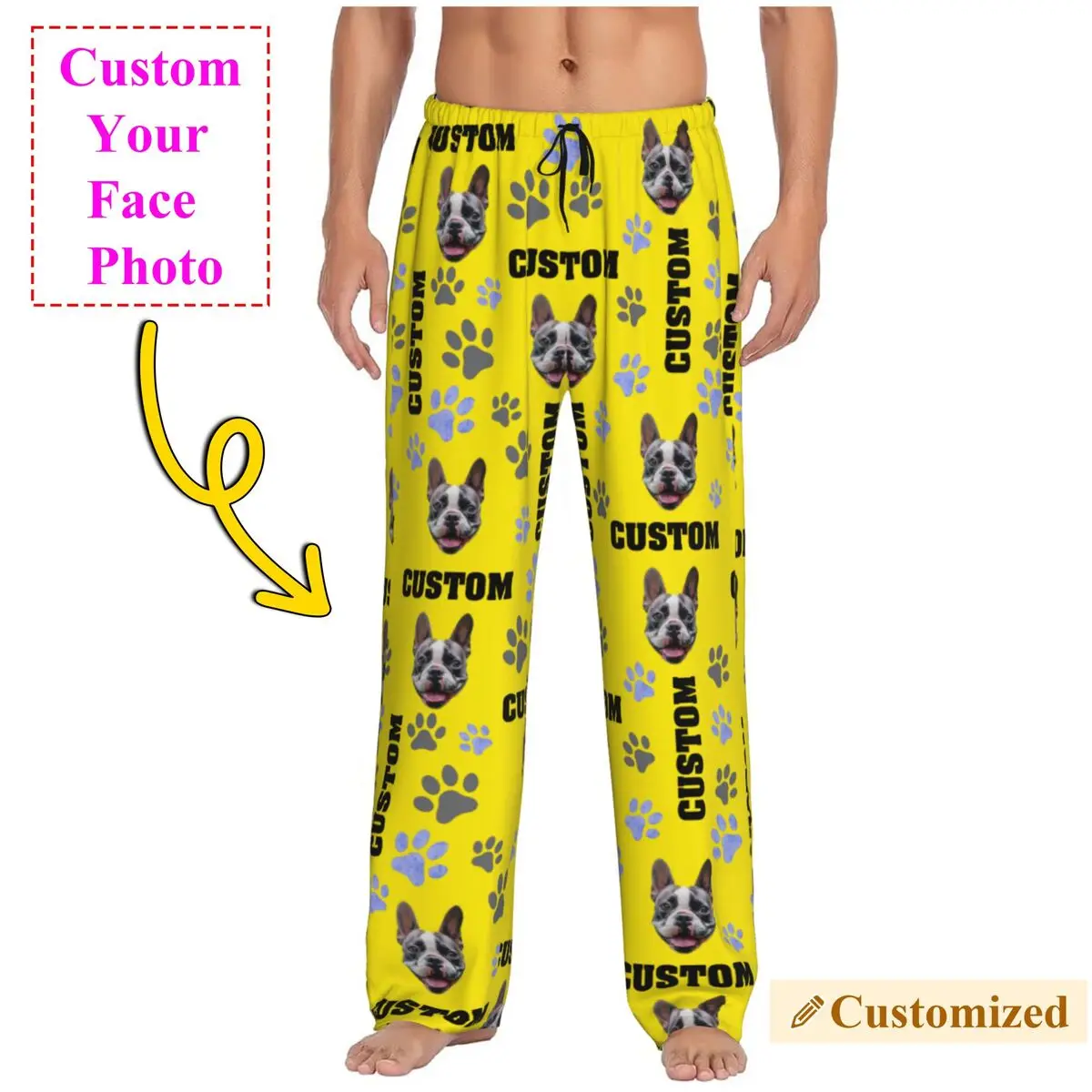 Men's Pet Photo Custom Pajama Pants Personalized Dog Name Print Sleepwear Sleep Lounge Bottoms with Pockets