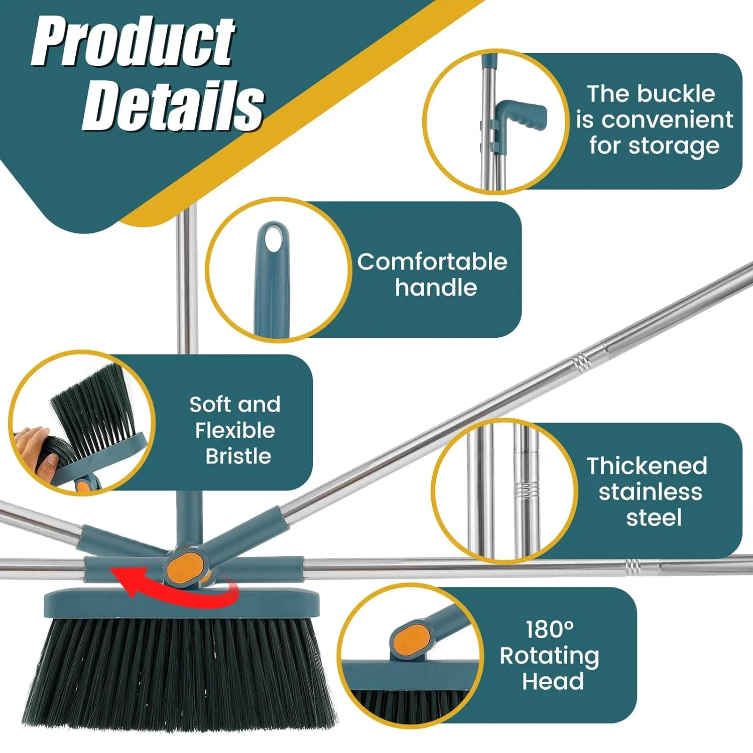 طقم مجرفة مكنسة جديدة قابلة للطي للمكتب 180 °   أدوات تنظيف تخزين المكنسة الدوارة، مكنسة غير لاصقة للشعر الجاف والرطب ذات الاستخدام المزدوج