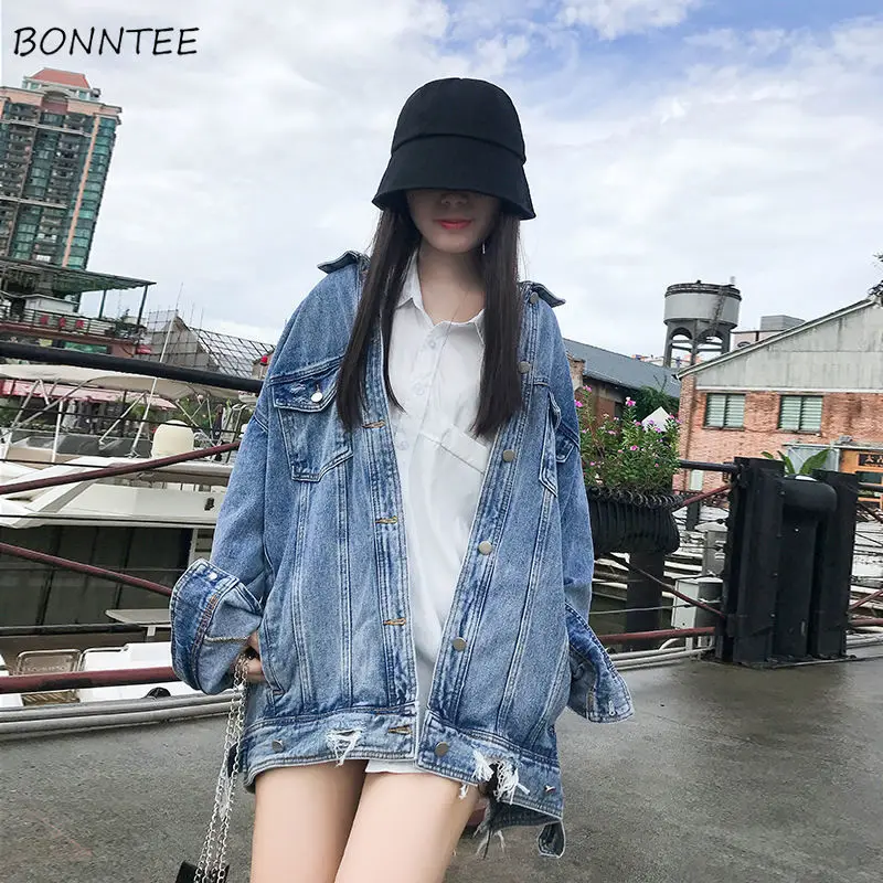 

Basic Jackets Women Denim New Arrival Hole Street Wear College Ins Young Lady Spring Clothing Korean Style Leisure Cosy Simple