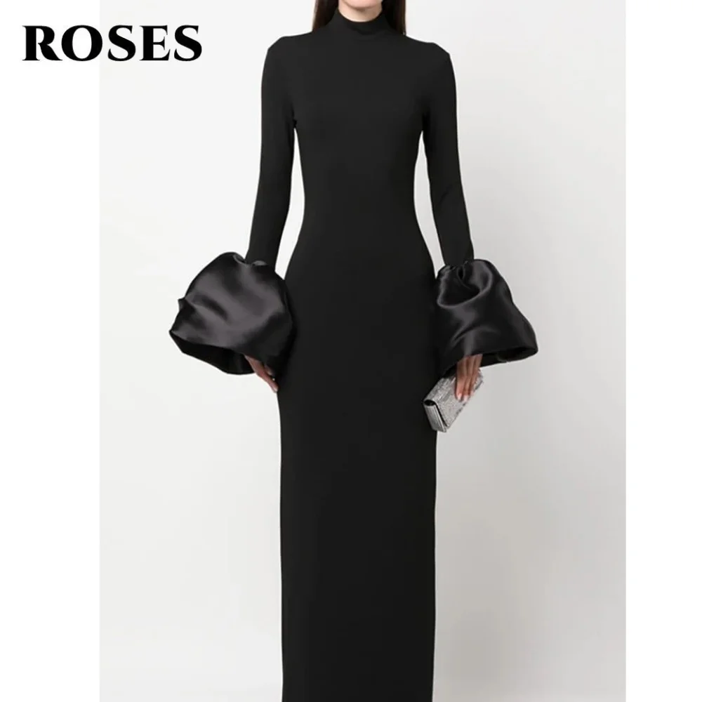 

ROSES Simple Black فساتين السهرة Pleats Gala Dress Trumpet and Chic High Full Sleeve Satin Formal Dress Customized