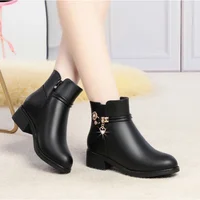 Bottes en cuir biscuits pour femmes, chaussures chaudes en coton, talon bas, tête ronde, fermeture éclair latérale, automne, hiver 4