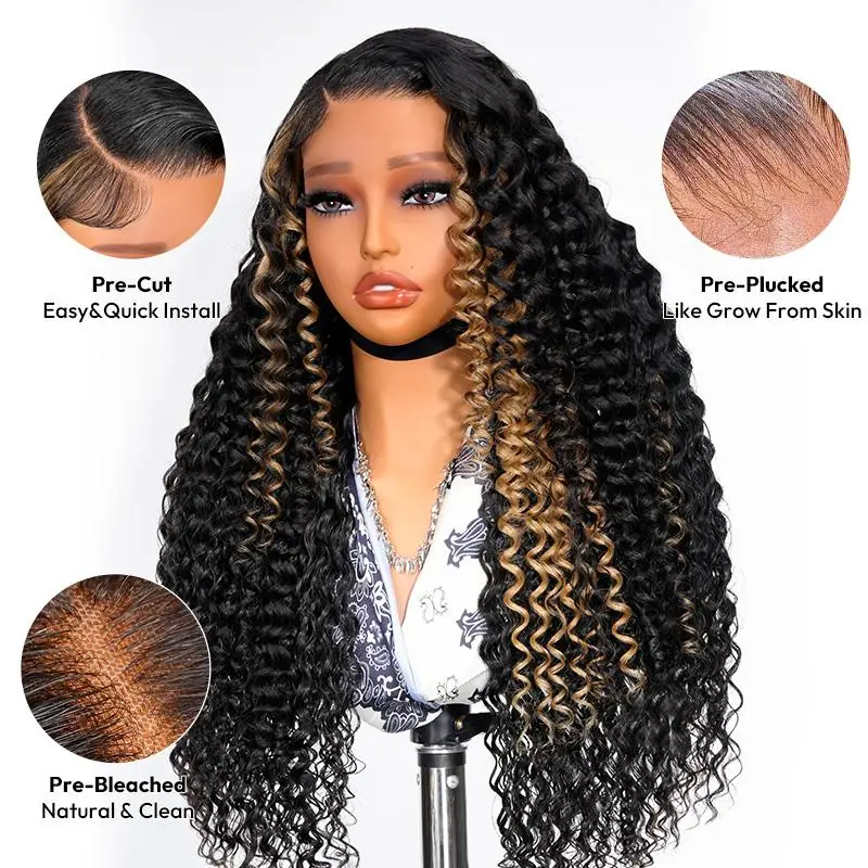 Peruka Alipearl bez kleju z przedziałkiem z boku, z pasemkami, głęboka fala, peruka typu lace front z ludzkich włosów, wstępnie przycięta linia włosów, balayage, peruka 13x4 z ludzkich włosów.