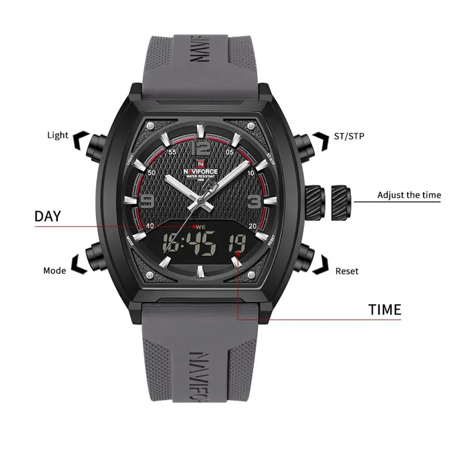 NAVIFORCE NF9242 رجال الأعمال سيليكون حزام ساعة كوارتز الهدايا الرقمية تونيو المزدوج الوقت ساعات المعصم الرياضية