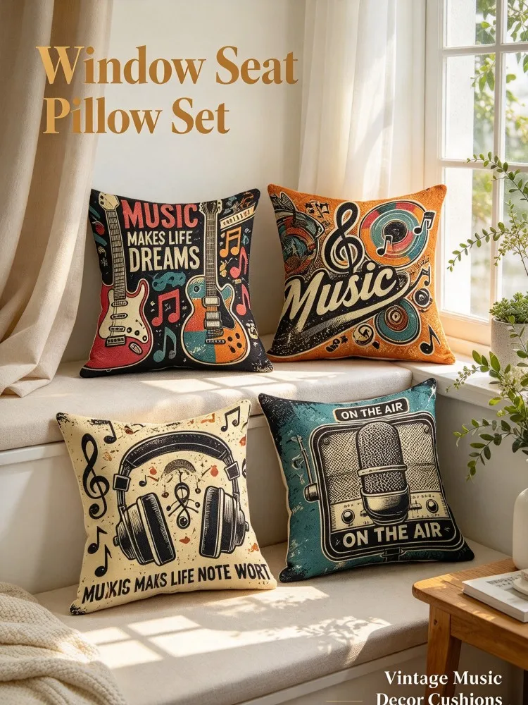 **Vintage Music Pillow Set, Guitar Record Headphone Microphone Cushions, Retro Musician Throw Pillow Covers for Sofa Bedroom Liv