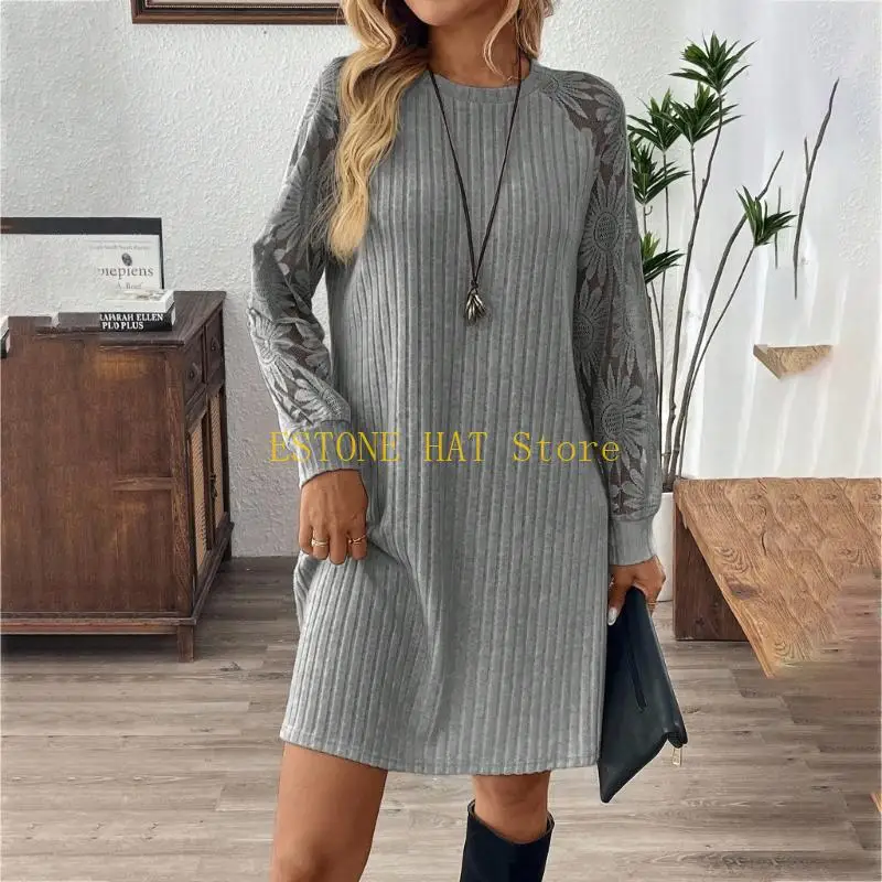 49MF ชุดเดรสแขนยาว ชุดเดรสฤดูใบไม้ร่วง ลูกไม้แขนยาวรอบคอ ชุดเดรสเอว ผู้หญิงชุดลำลอง