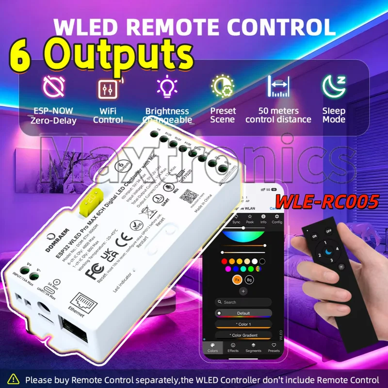 DOMRAEM ESP32 WLED Pro MAX 6CH Digital LED Controller with Mic Ethernet WiFi UART PDM Relay Music Sync WS2812B SK6812 LED Strip