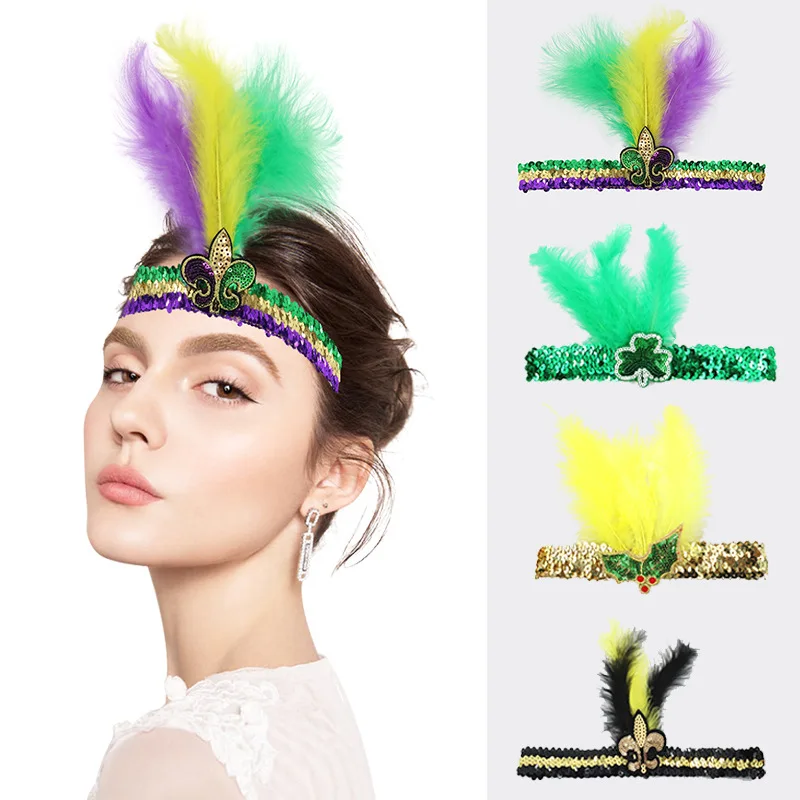 

2 pces Newest design fashionable elastic head bands for women festival sequin feather headbands