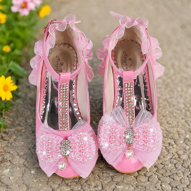 ULKNN Children Party Leather Shoes Girls PU Low Heel Lace Flower Kids Shoes For Girls Single Shoes Dance Dress shoe White Pink