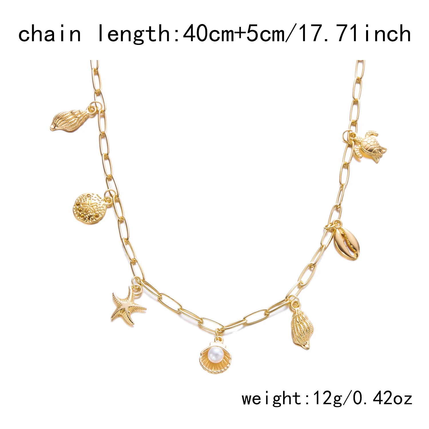 Modische Goldfarbene Anhängerkette mit Seestern, Muschel und Schildkröte für Damen, Handgefertigte Muschelketten-Halskette, Sommer-Strandparty-Schmuck – Detail 9