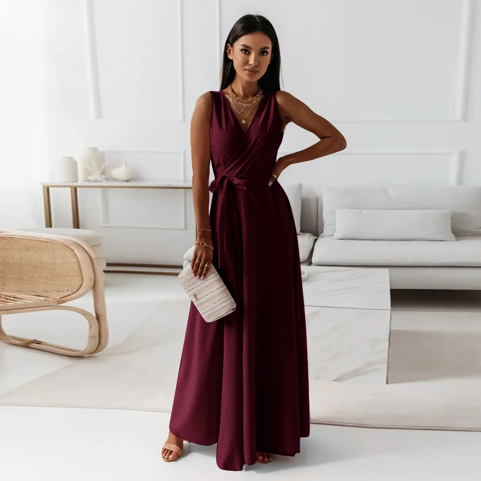 2025 sommer Neue Mode frauen Kleid Tie-neck V-ausschnitt Lange Abendkleid Kleid für Frauen Party Gala – Detail 17