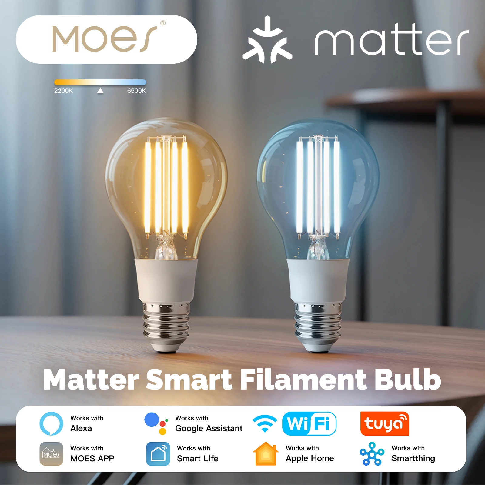 MOES Matter WiFi Smart Filament Bulb Dimmable 2200K‑6500K Tunable White LED Light Bulb Work with Apple HomeKit Alexa Google Home