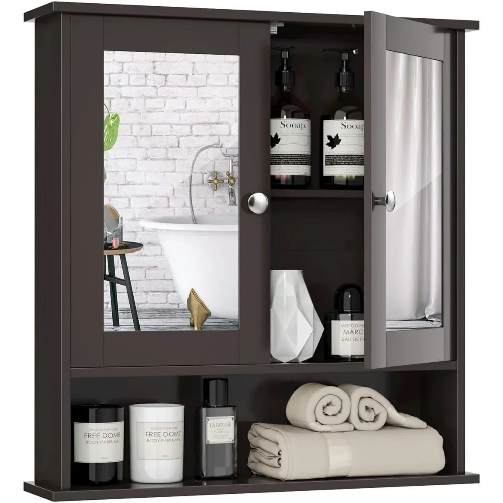 Bathroom Medicine Cabinet with Mirror Wall Mounted Wooden Organizer with Doors and Shelves Brown