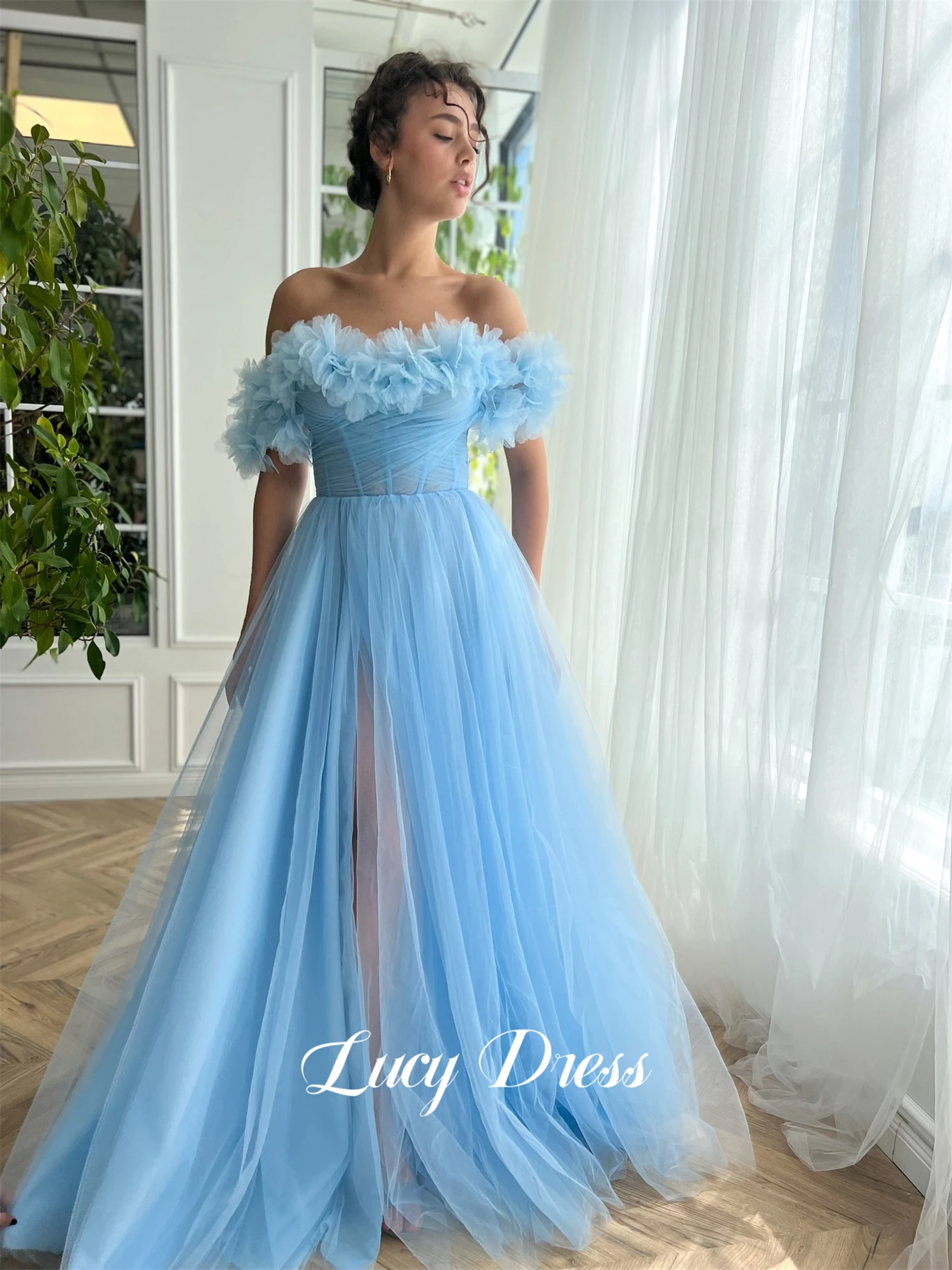 

Lucy Coming of Age Dress Handmade Flower Decoration Sky Blue Line A Mesh Graduation Gown Evening Dresses for Wedding Party Prom