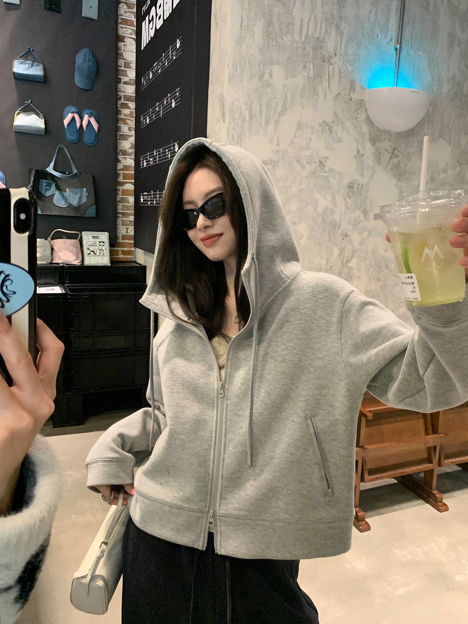 

A Double Zipper Hooded Sweatirt Women's Winter New ey Fce Air Layering Cardigan Jaet Soft Comfortable Long Sve