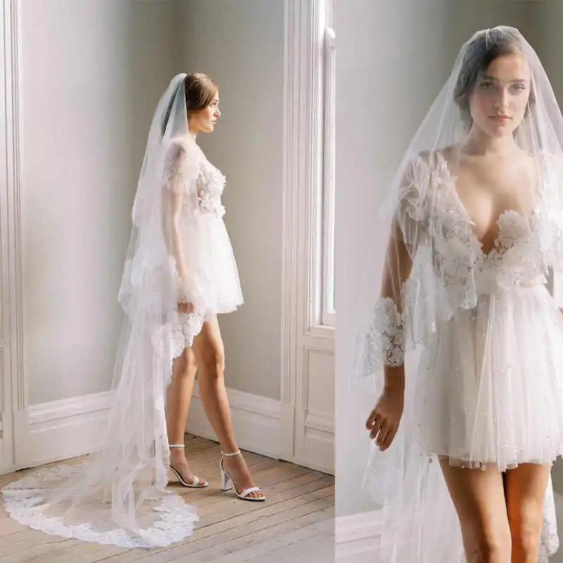 

Elegant Bride Long Chapel Length Veils Two Layer Lace Appliques Edge Wedding Veils Customized Marriage Accessories