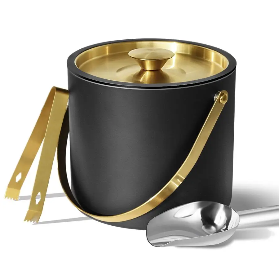 

Ice Bucket with Silicone Lid, Scoop, Gold Tongs amp Strainer, Stainless Steel Double Wall Insulated Ice Buckets for Parties amp