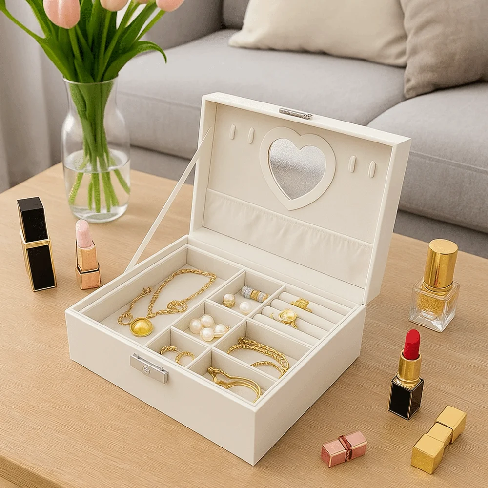 Practical PU Double Layer Jewelry Box Large Capacity Lockable Jewelry Storage Box Dustproof Cosmetics Box for Home