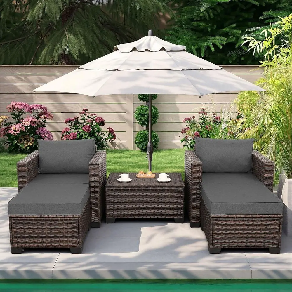 

5-Piece HDPE Wicker Outdoor Patio Furniture Set with Chaise Lounge, Storage Table, Cushions & Waterproof Covers, Grey