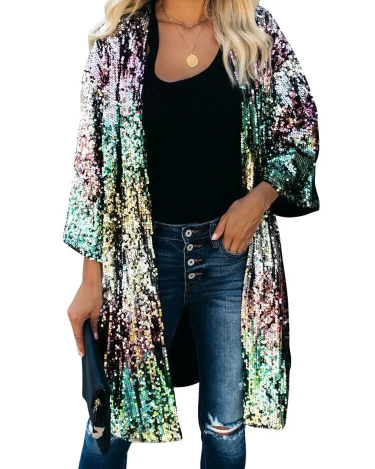 

Summer Coloful Open Jackets Sparkling Sequined Long Coats Womens Cardigan Tops 2024 Spring Woman Jacket