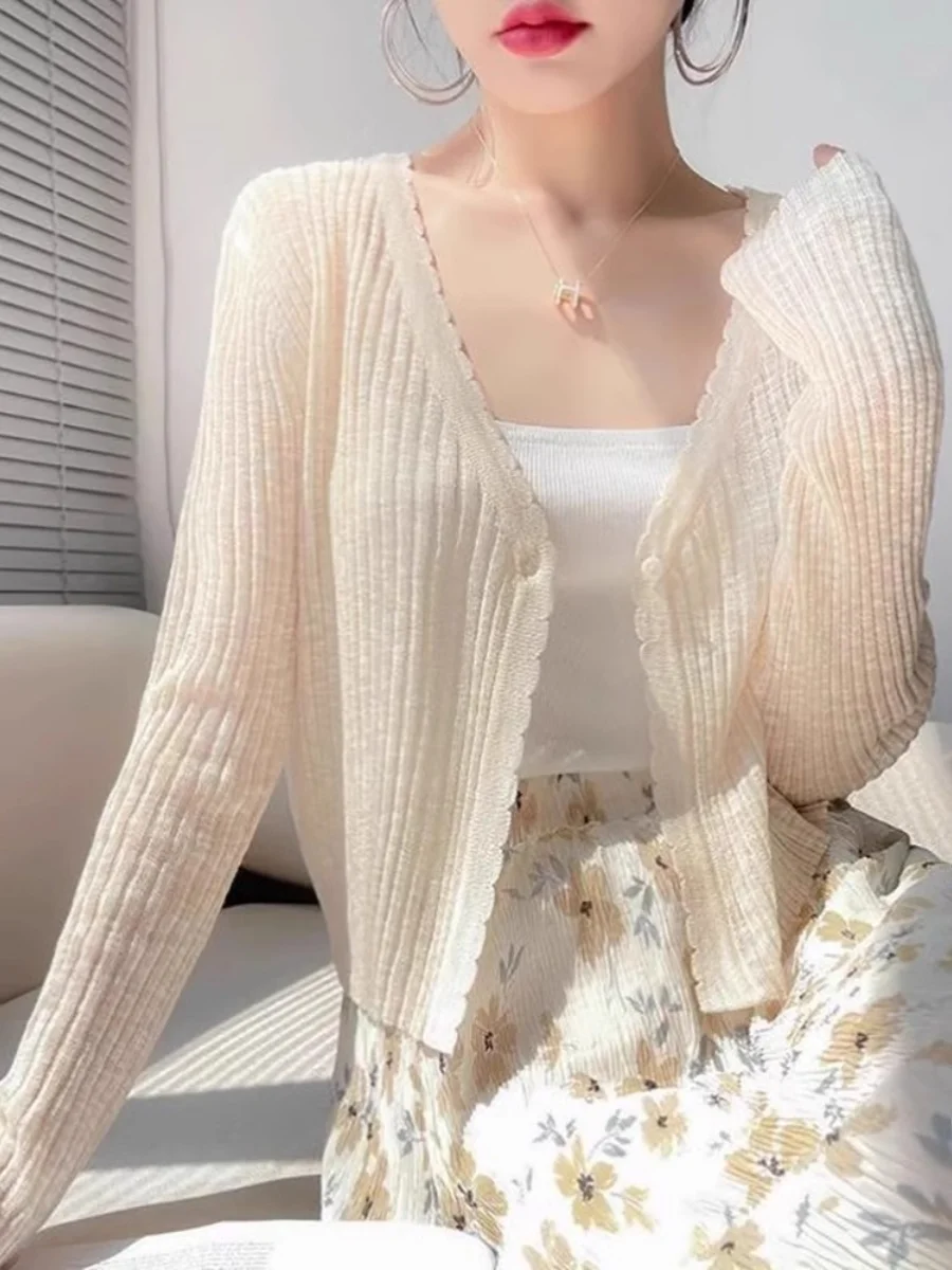 Lichtgewicht gebreid ijszijde zonbeschermingsvest dames zomer bijpassende ter rok luie airconditioner irt melk apr...