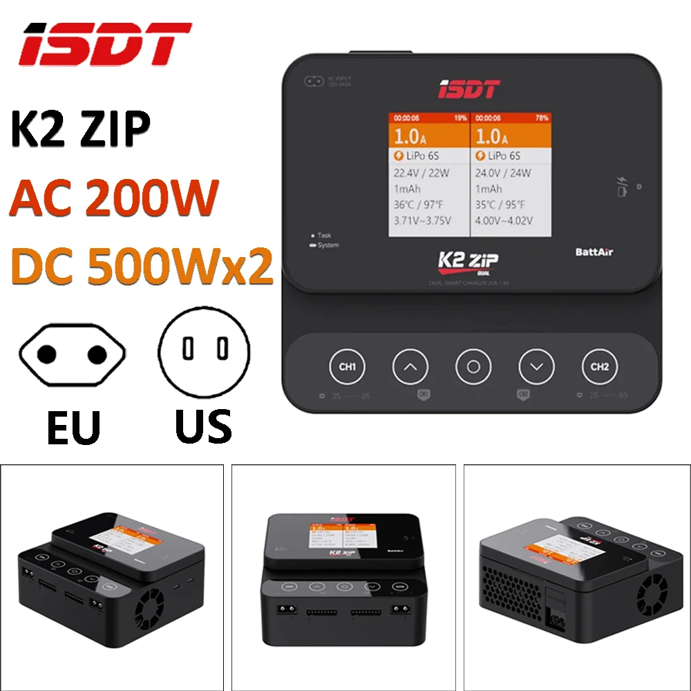 

ISDT Dual Mode Smart Charger K2 ZIP DUAL AC 200W DC 500Wx2 Dual Channel Fast Charge Discharger w/ EU/US Plug for 1~8S LiFe LiPo