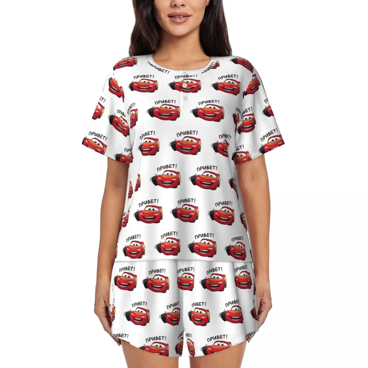 

Custom Lightning Mcqueen Cars Pajama Sets Women's 2 Piece Short Sleeve Pjs Shorts Sleepwear