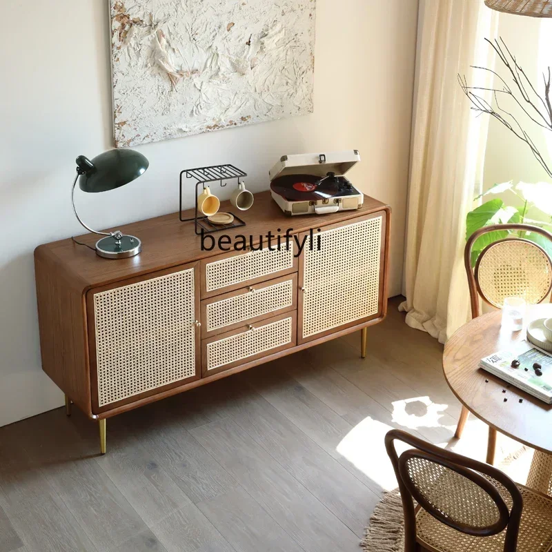 

1184Japanese-Style Solid Wood Rattan Sideboard Cabinet Household Living Room Storage Locker Ash Hallway