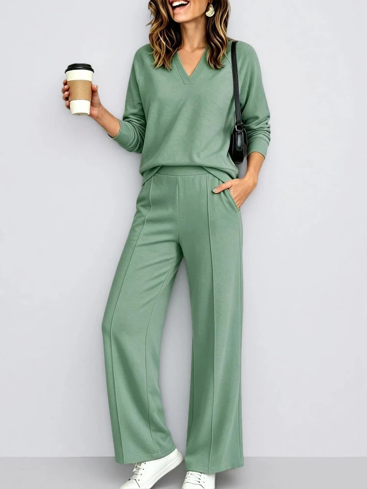 Spring Autumn 2 Piece Sets Womens Outfits V Neck Set Matching Sweatsuits Organic Cotton Pant Sets Travel Blazers Women Clothing