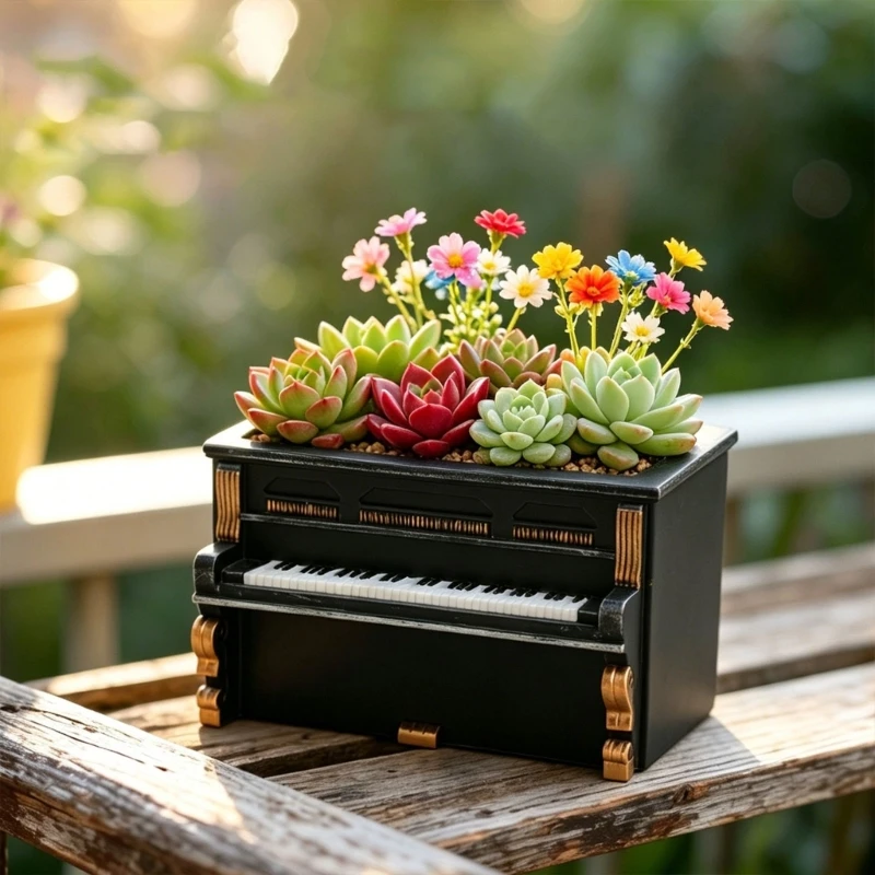 Piano Planter Pot Succulents Pot Resin Flower Pot Indoor Display Piece for Desk Shelf Windowsill Home Office Accent, Music 37JD