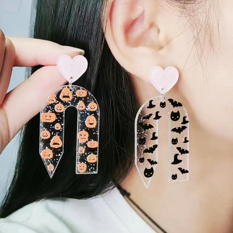 Transparent Pencil Bat Print Earrings Simple Pink Love Halloween Cat Wizard Hat Pumpkin Print Acrylic Hanging Earrings