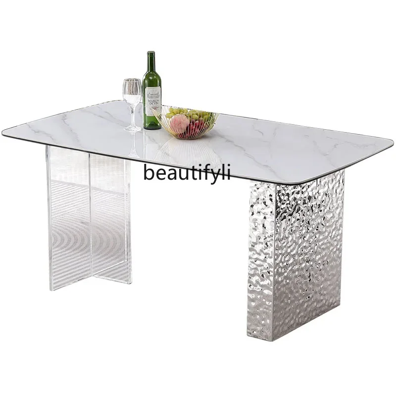 

Stone Plate Dining Table Cream Style Stainless Steel Water Ripple Acrylic Suspension Kitchen Island Dining Table and Chair