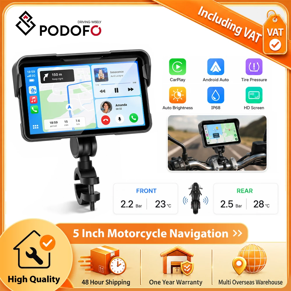 Podofo 5-calowy bezprzewodowy odtwarzacz Carplay Android Auto do motocykla, inteligentny odtwarzacz IP68 wodoodporny, nawigator GPS z funkcją monitorowania ciśnienia w oponach, wyświetlacz