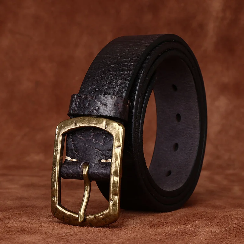 Men's Genuine Leather Belt with Brass Buckle - close-up view