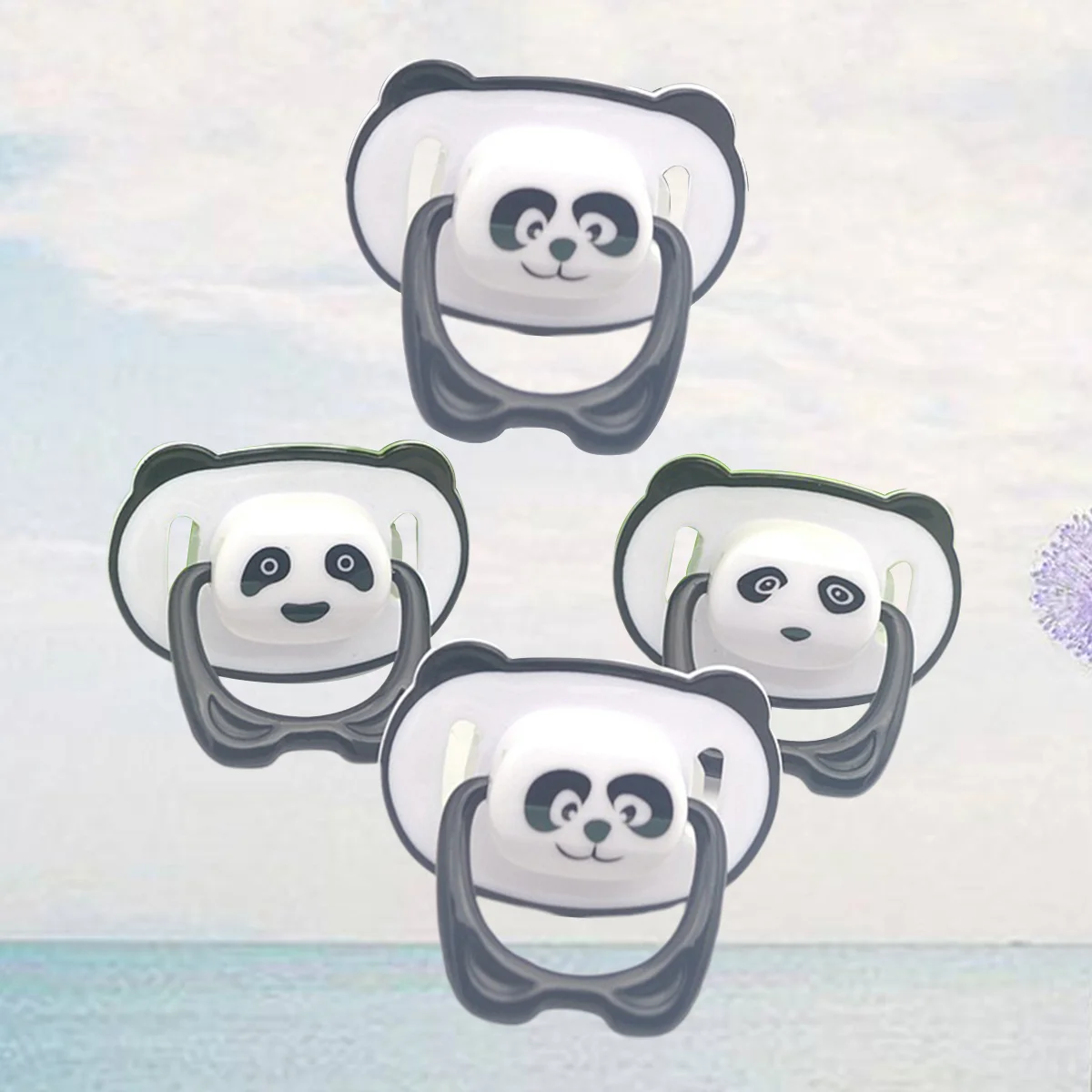 

4pcs Baby Pacifiers Safe Silicone Panda Shape Teats Soother Infant Pacifier Set with Lid Pull Ring (Round Head and Flat Head Mix