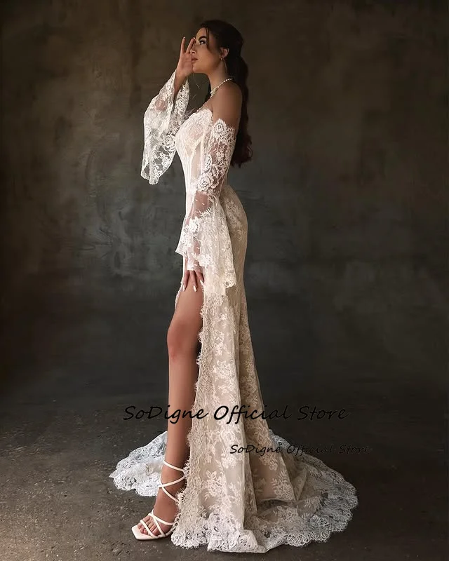 SoDigne Mermaid Lace Wedding Dresses Strapless Detachable Sleeves Bridal Dress Split Wedding Gown Robe De Mairee ﻿Customized