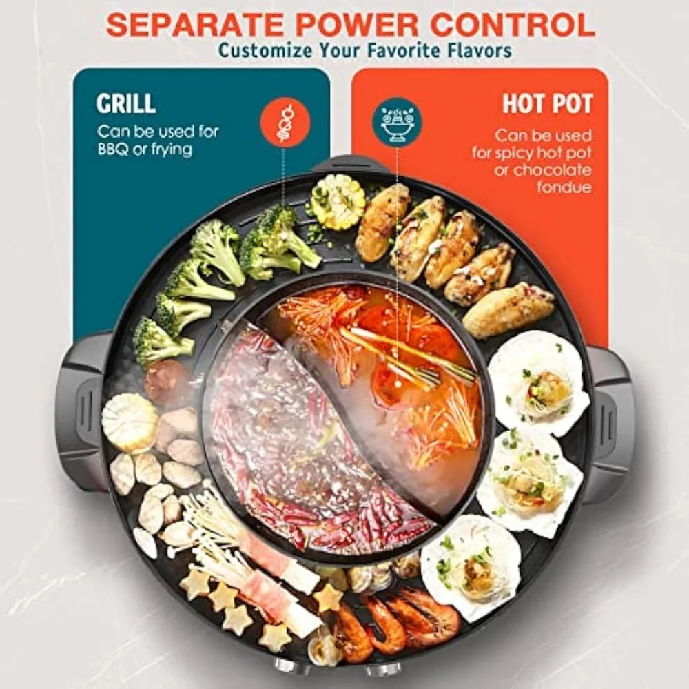 Hot Pot with Grill, 2000W 2 in 1 Electric Hot Pot Grill Cooker with Dual Temperature Control for 1-8 People