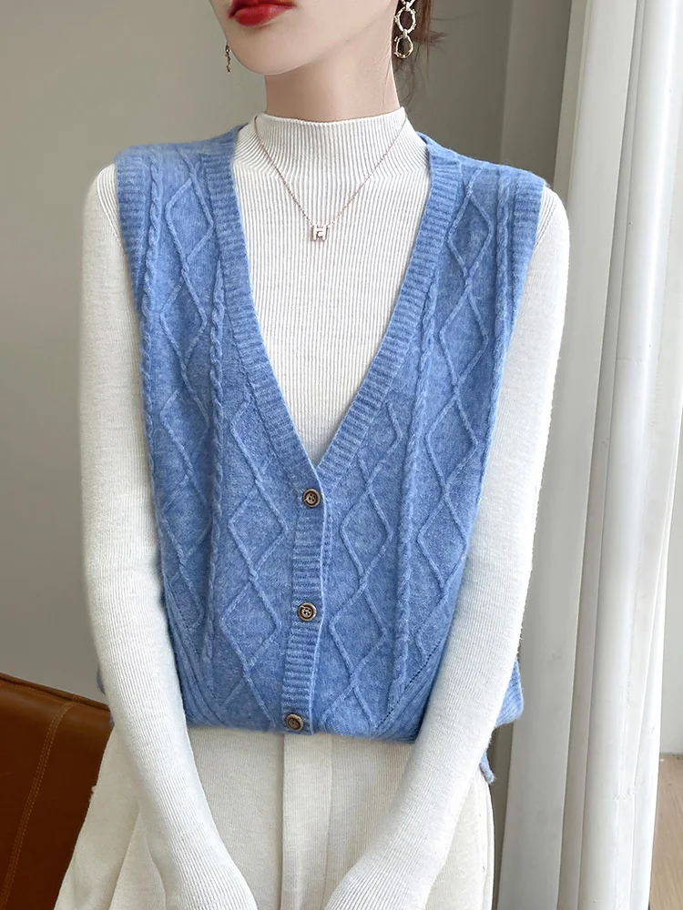 Autumn Winter Women's Pure Wool Cashmere Knitted Vest Outerwear Shoulder Open Cardigan Sweater Coat V-neck Single Button