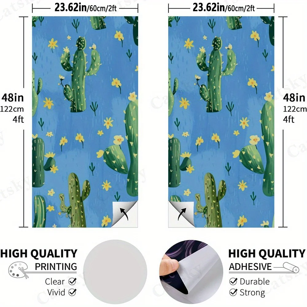 Cactus Pattern,Blue Background,Desert Plants,High Value! 2D Flat Vinyl Sandboard Stickers - Bubble-Free, Easy Application, Water