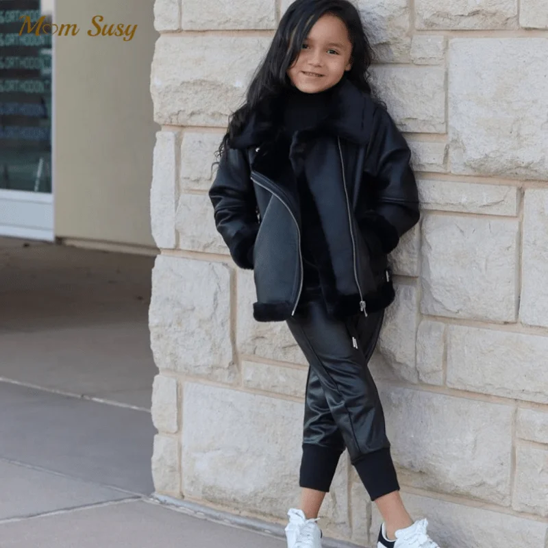 

Fashion Baby Girl PU Leather Fur Jacket Winter Toddler Teen Kid Leather Fur In One Coat Fashion Chaqueta Outwear Clothes 1-16Y