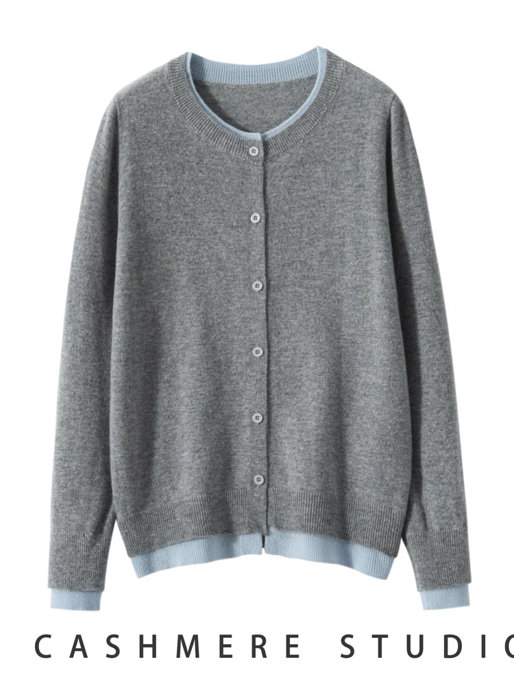 

Новый шикарный осенне-зимний женский кардиган с воротником-стойкой из двух предметов контрастного цвета, свитер из 100% кашемира, мягкая теплая женская одежда, топ