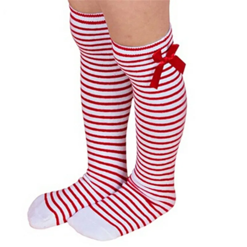 Kids Warm Winter Knee High Stockings Christmas Girls Striped Boot Bowknot Stocking White Black Gray Xmas Gifts Stocking