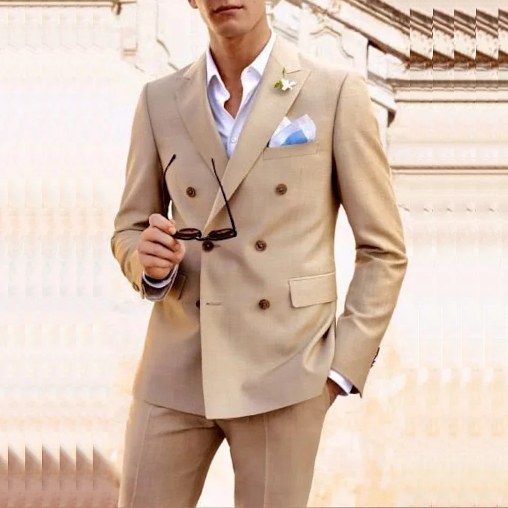 

Fashion Men's Suits Champagne Double Breasted Peak Lapel Loose Wedding Costume Terno Elegant 2 Piece Jacket Pants Customized