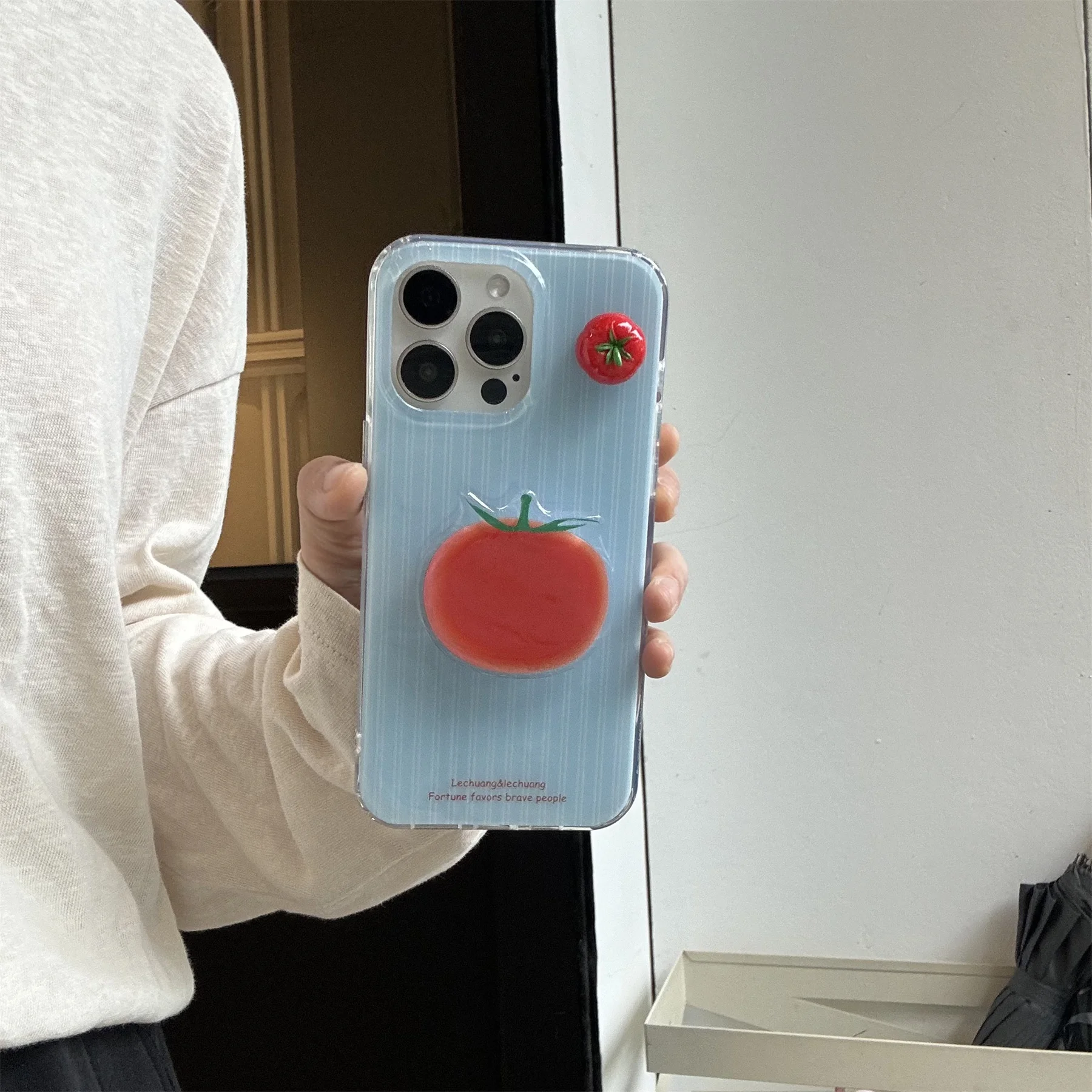 Cute Korean Fresh Blue Stripe 3D Tomato Phone Case with Bracket for iPhone 16 15 14 13 Pro Max Shockproof Back Cover