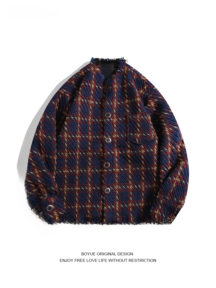 

Boyue Casual Woolen Jaet Men's Faionable Lapel Svel Coat with Fringe Design Classic Plaid Pattern for Youth