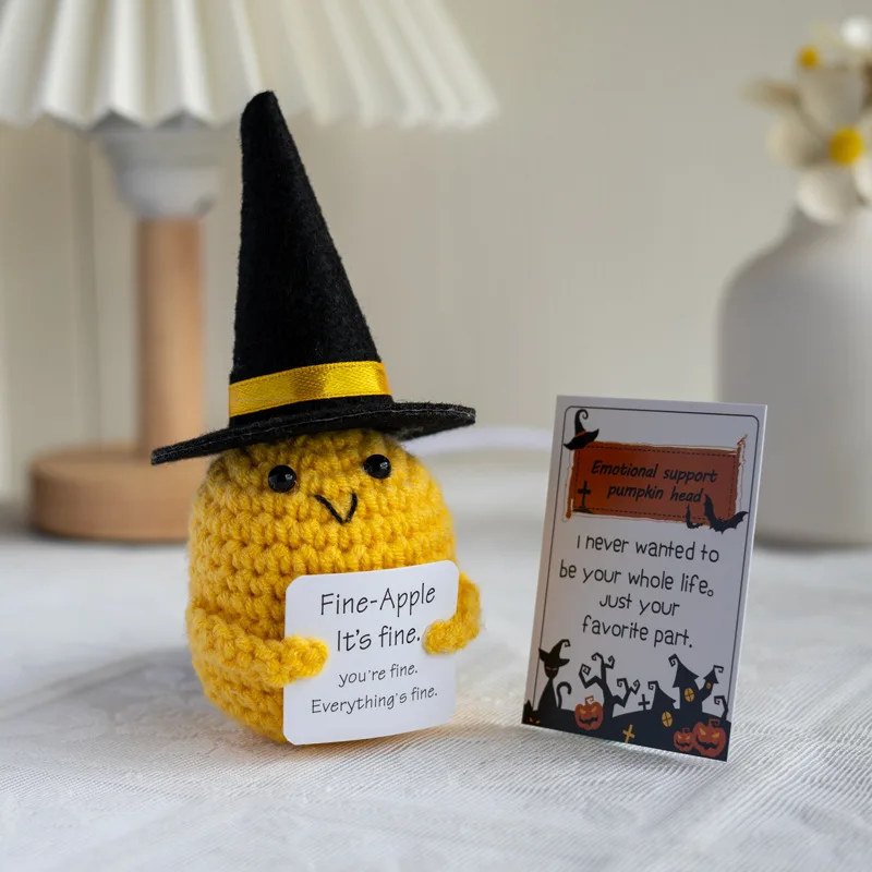 Handmade Knitted Halloween Pumpkin Doll With Card Home Decoration Crochet Positive Energy Pineapple Dolls Room Christmas Gift