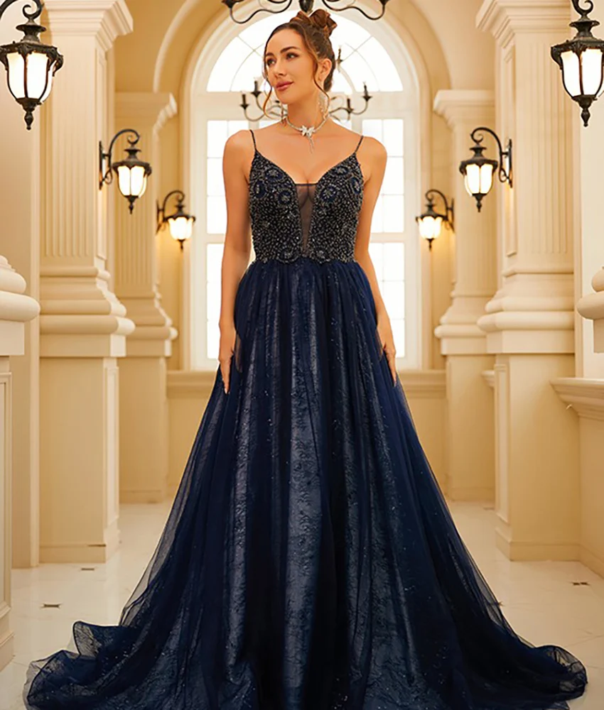 

Customized Delicate Organza A-Line Spaghetti Straps Sequined Crystal Beading Evening Dress Sexy Sweetheart فساتين سهرة