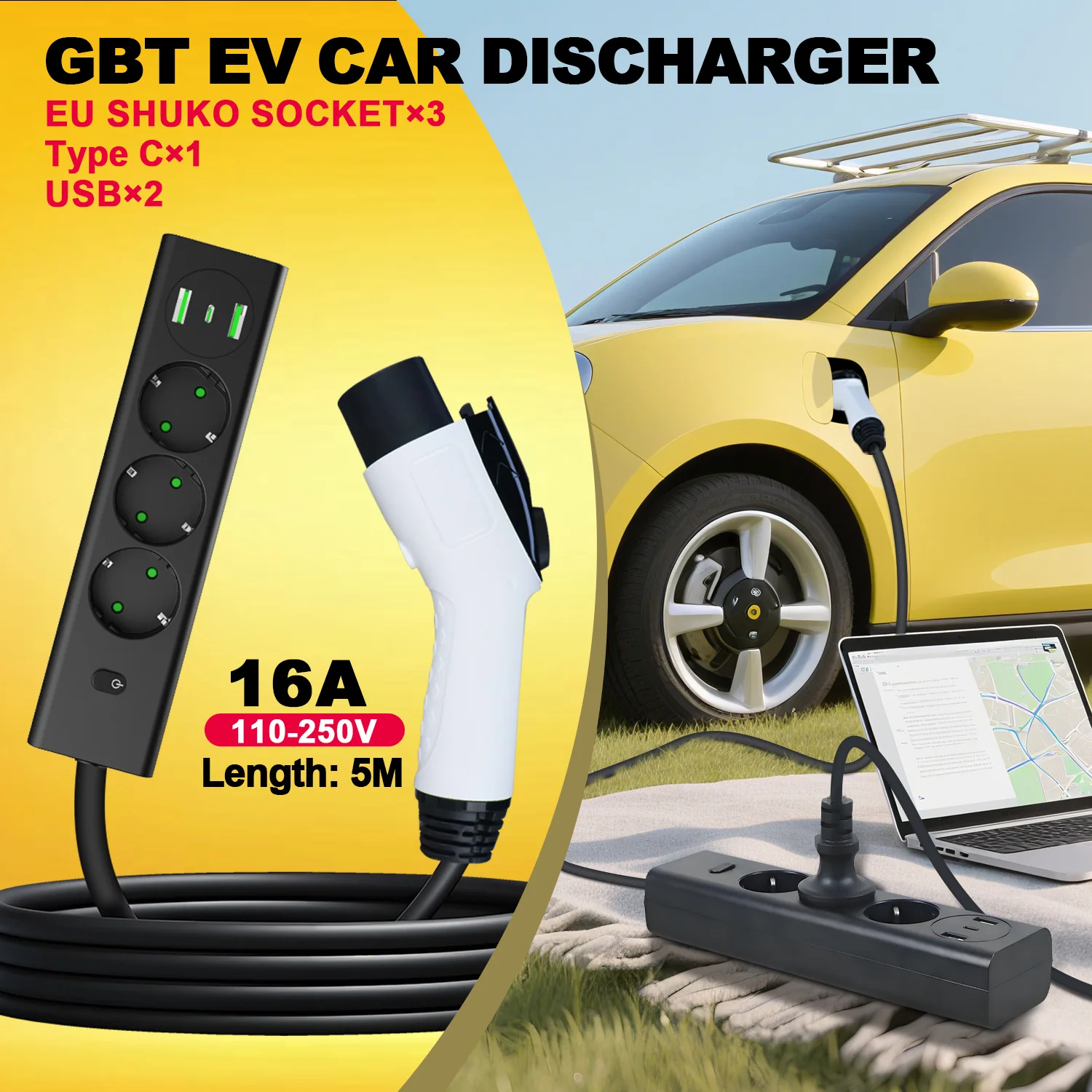 

GBT discharger Electric Vehicle Discharging Gun 3.6KW 16A EU Socket for Electric Car Side V2L Vehicle to Load Adapter 5M Cable
