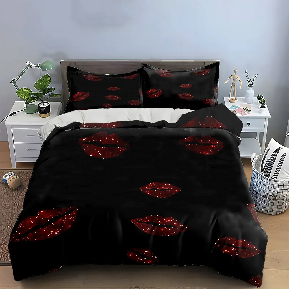 

"Sparkling Lips Artwork Set Decor" Bedding Set with 1 Duvet Cover 2 Pillowcases Single Double King Queen, Gift