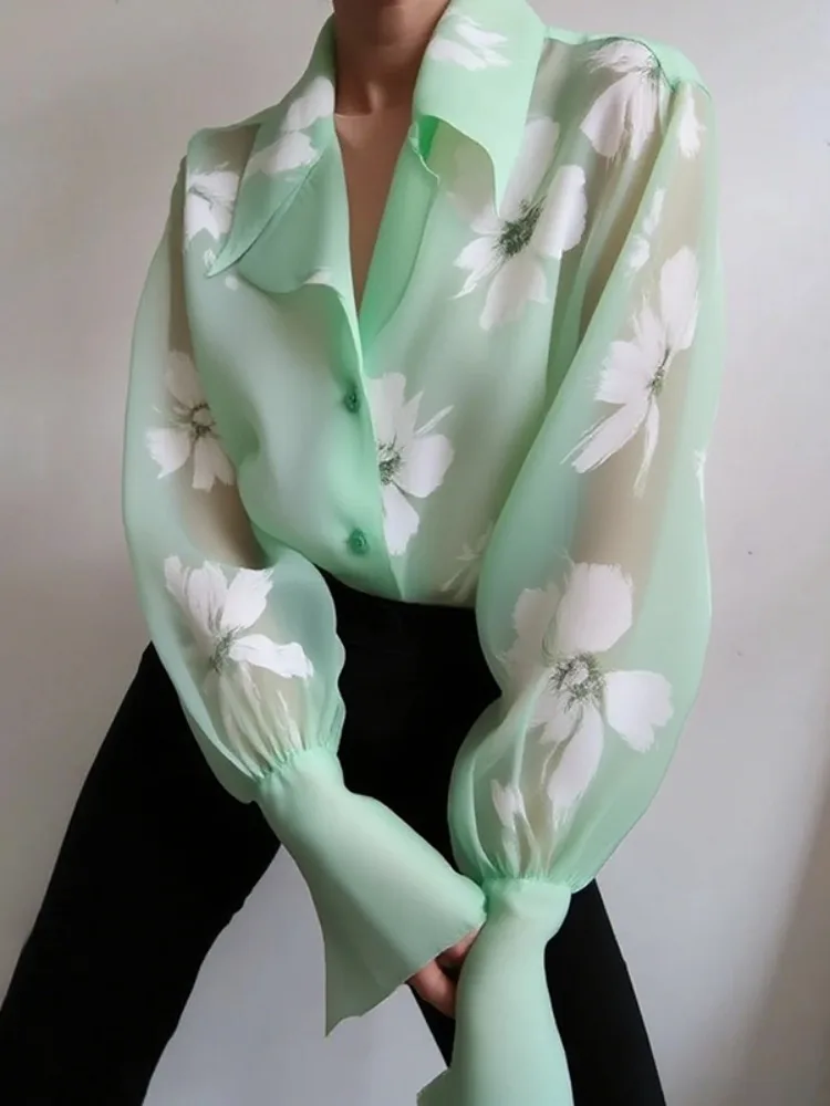 

2025 Urban Female Elegant Floral Printed See-Through Lapel Blouses Flared Sleeves Loose Casual Office Party Shirts Tops