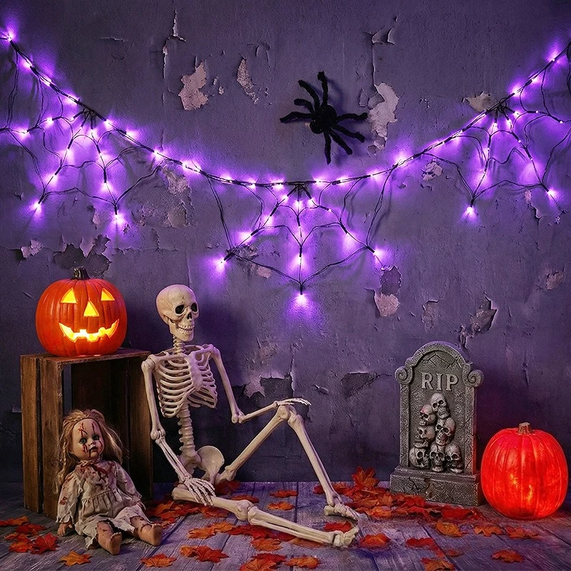 Spooky Glowing Halloween LED Colorful Spider Web String Lights Atmosphere Lamp for Outdoor Party Garden Yard Home Decoration Use